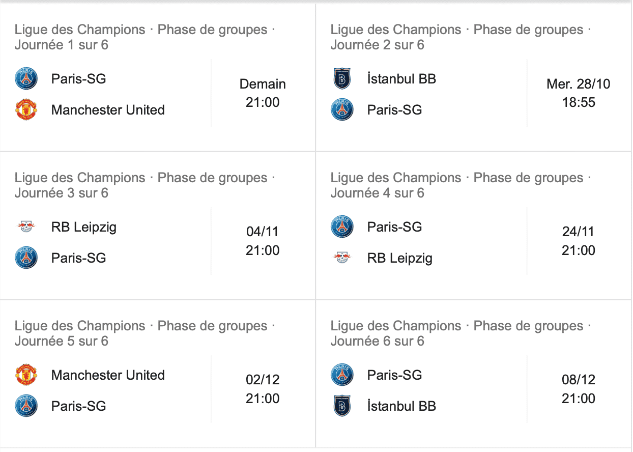 Calendrier PSG - Ligue des Champions : saison 2020/2021