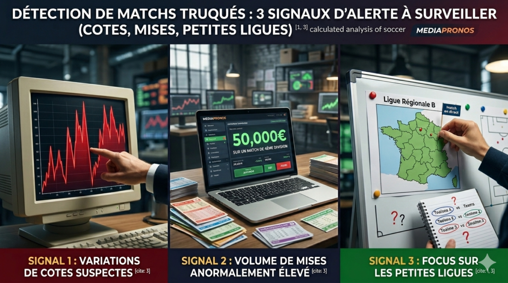 Infographie MediaPronos : 3 signaux d'alerte clés pour la détection de matchs truqués (cotes suspectes, volume de mises anormal, petites ligues).