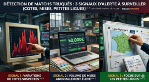Infographie MediaPronos : 3 signaux d'alerte clés pour la détection de matchs truqués (cotes suspectes, volume de mises anormal, petites ligues).