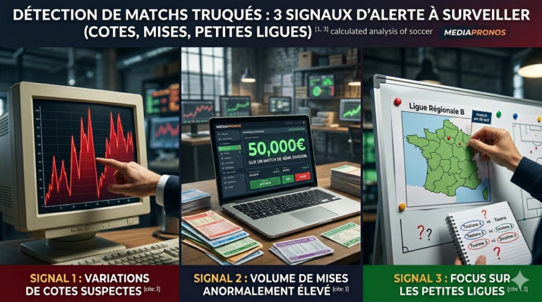 Infographie MediaPronos : 3 signaux d'alerte clés pour la détection de matchs truqués (cotes suspectes, volume de mises anormal, petites ligues).