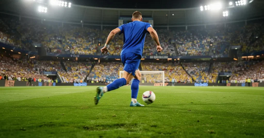 Ailier de football en maillot bleu vu de dos, dribble, Coupe du Monde 2026