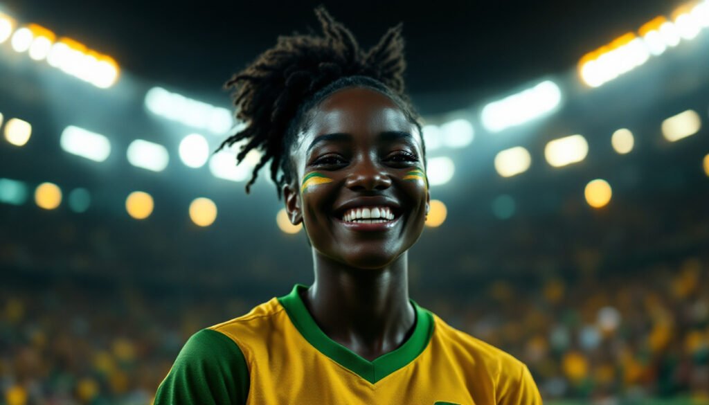Supportrice sud-africaine en maillot or et vert dans un stade, Coupe du Monde 2026