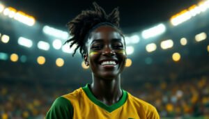 Supportrice sud-africaine en maillot or et vert dans un stade, Coupe du Monde 2026