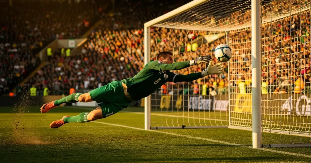 Gardien de but de football plongeant pour un arrêt, ambiance Coupe du Monde 2026