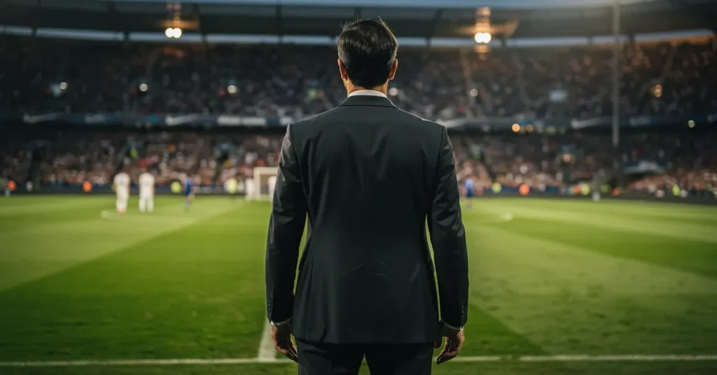 Sélectionneur de football de dos sur la touche observant son équipe, ambiance Coupe du Monde 2026