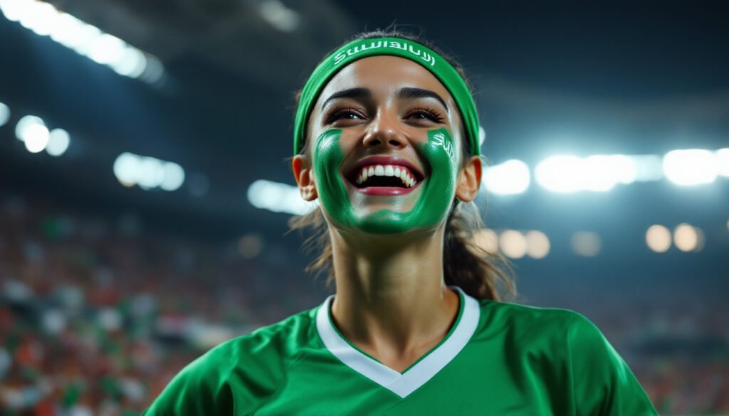 Supportrice saoudienne en maillot vert dans un stade, Coupe du Monde 2026