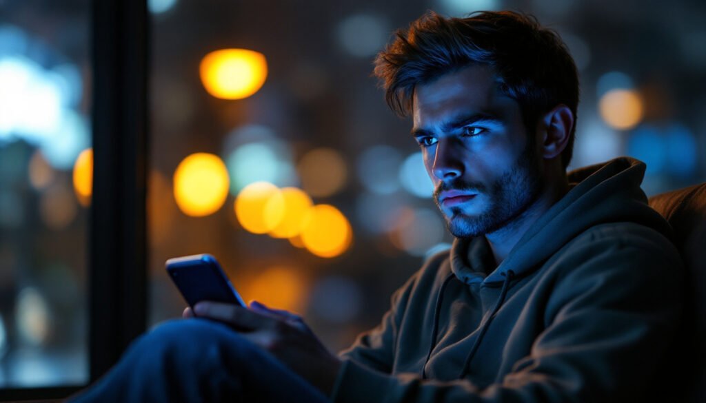 Jeune parieur sceptique regardant une application de paris sportifs sur son smartphone la nuit