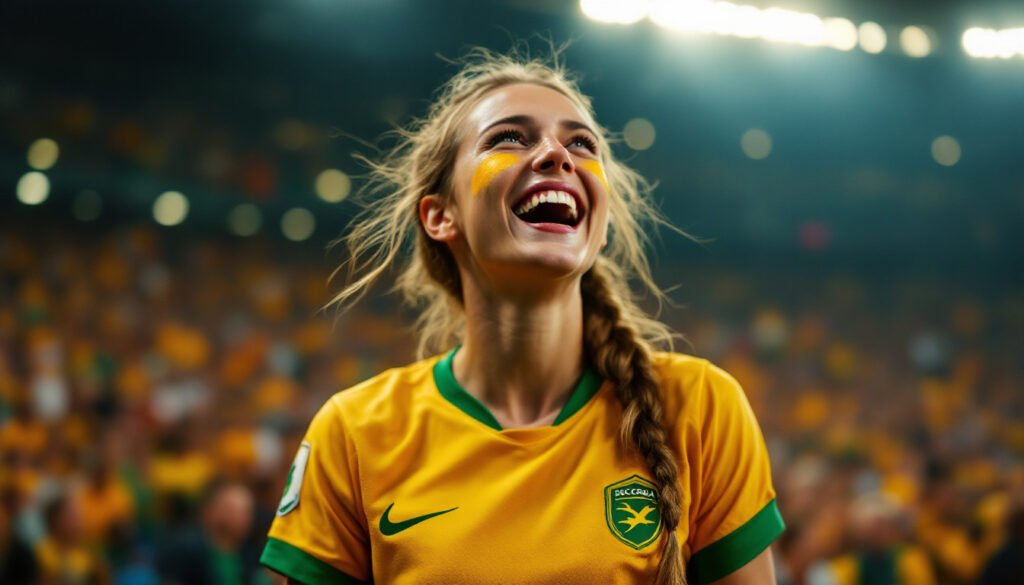 Supportrice australienne en maillot or et vert dans un stade, Coupe du Monde 2026