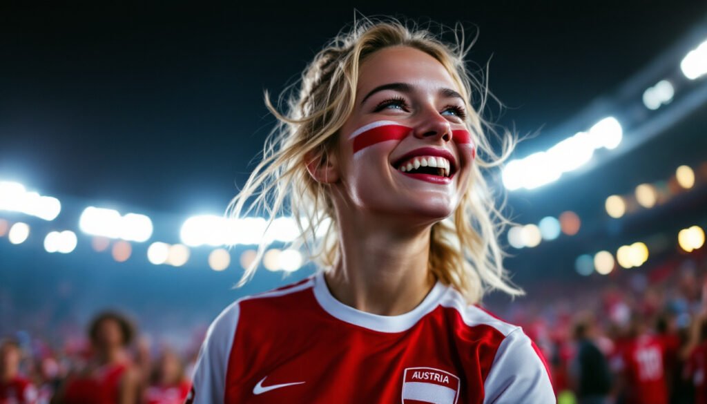 Supportrice autrichienne en maillot rouge et blanc dans un stade, Coupe du Monde 2026