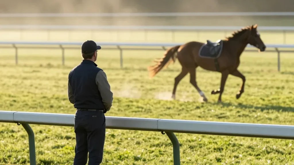 Entraîneur hippique observant son cheval à l'entraînement sur un hippodrome au lever du soleil