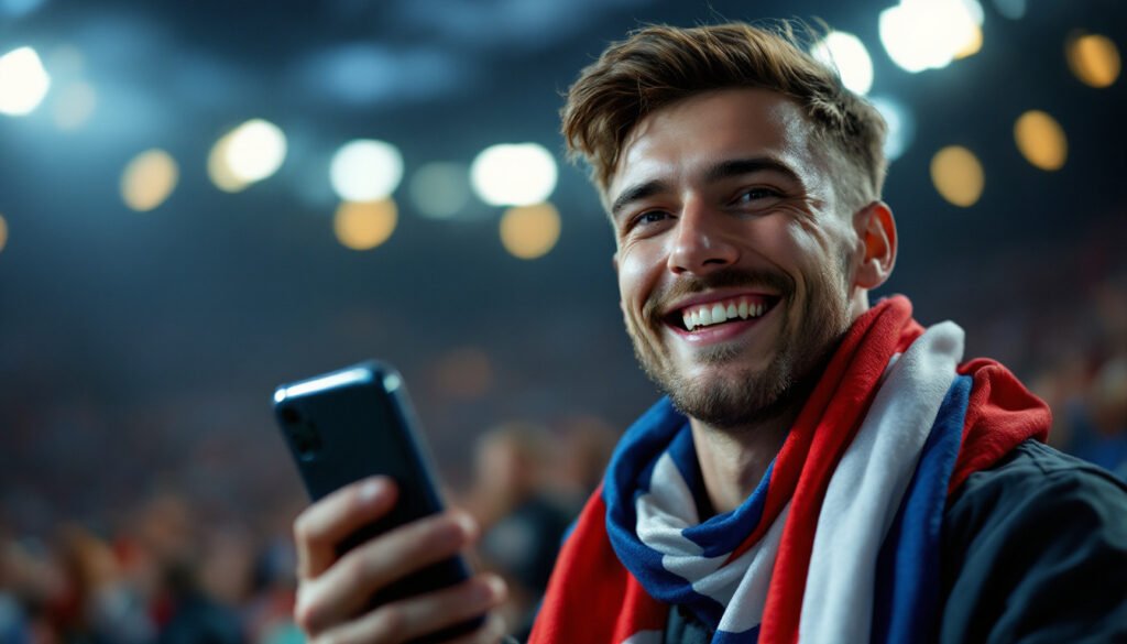 Supporter français célébrant l arrivée de bet365 en France, smartphone en main, Coupe du Monde 2026