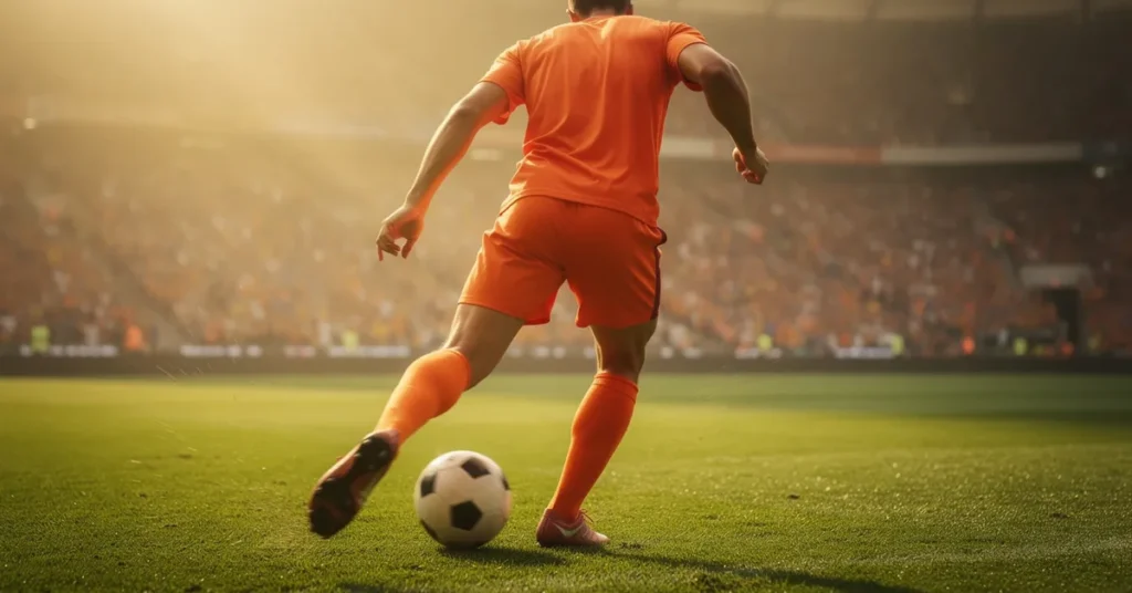Attaquant de football en maillot orange vu de dos, ambiance Coupe du Monde 2026