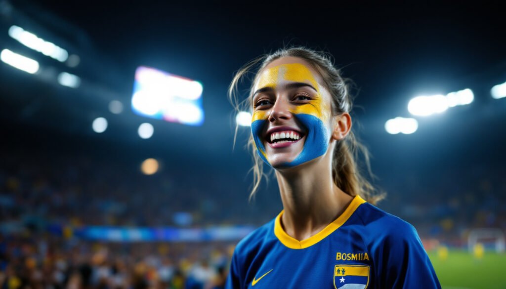 Supportrice bosnienne en maillot bleu dans un stade, Coupe du Monde 2026