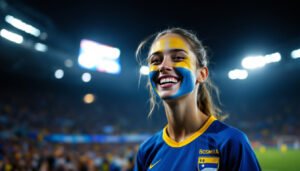 Supportrice bosnienne en maillot bleu dans un stade, Coupe du Monde 2026