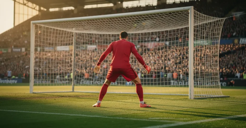 Gardien de but de football en maillot rouge devant son but, ambiance Coupe du Monde 2026