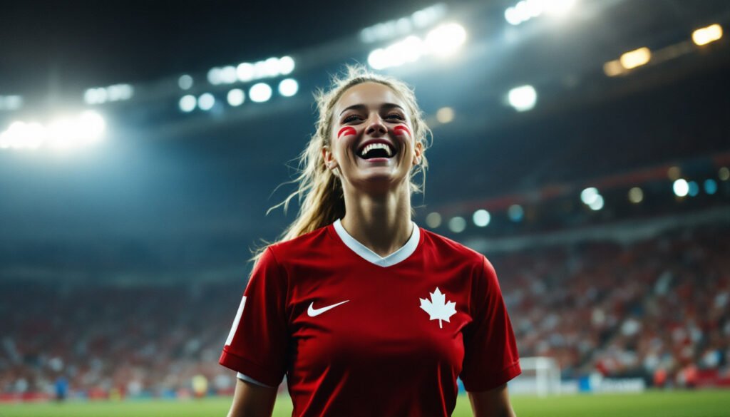 Supportrice canadienne en maillot rouge dans un stade, Coupe du Monde 2026