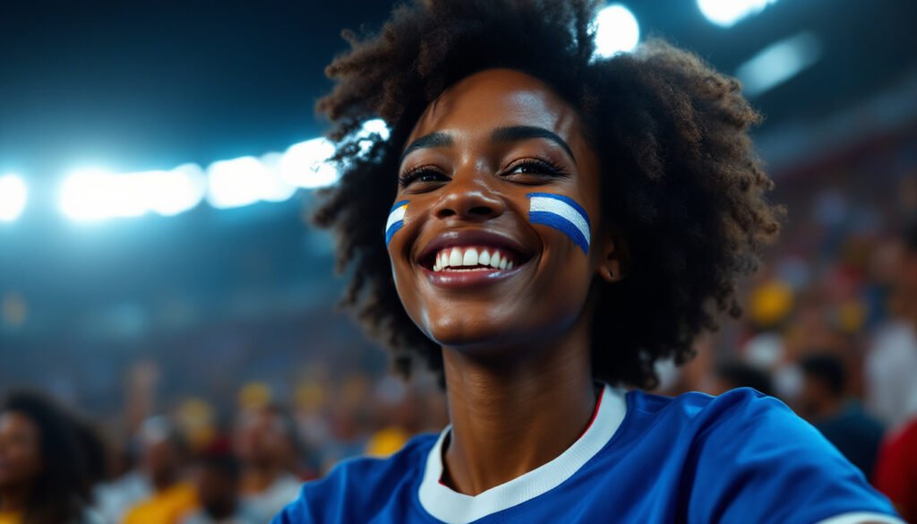 Supportrice cap-verdienne en maillot bleu dans un stade pour la Coupe du Monde 2026