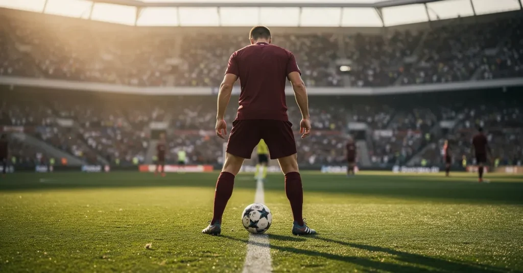 Attaquant de football en maillot rouge vu de dos prêt pour un coup franc, Coupe du Monde 2026