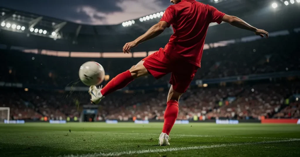 Défenseur central de football en maillot rouge vu de dos dégageant le ballon, Coupe du Monde 2026