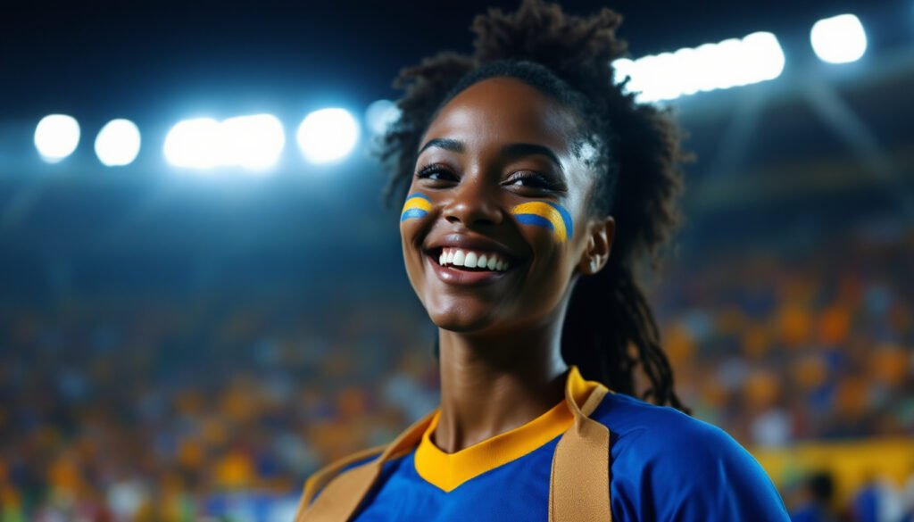 Supportrice de Curaçao en maillot bleu dans un stade, Coupe du Monde 2026