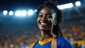 Supportrice de Curaçao en maillot bleu dans un stade, Coupe du Monde 2026