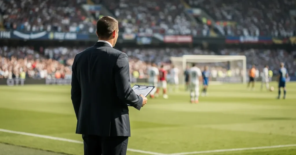 Sélectionneur de football de dos sur la touche avec un clipboard, ambiance Coupe du Monde 2026