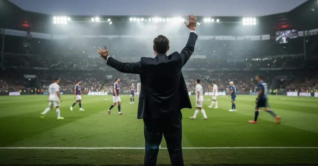 Sélectionneur de football de dos donnant des consignes, ambiance Coupe du Monde 2026 en nocturne