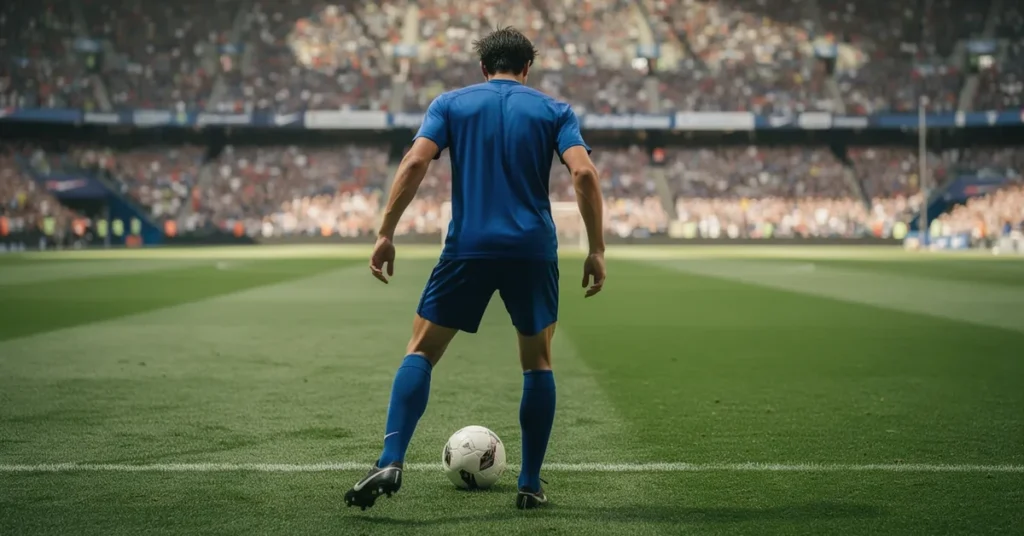 Milieu offensif de football en maillot bleu vu de dos, Coupe du Monde 2026