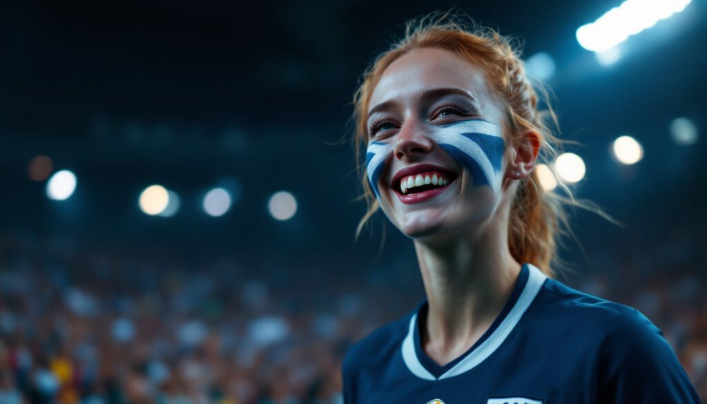 Supportrice écossaise au visage peint aux couleurs du Saltire dans un stade, Coupe du Monde 2026