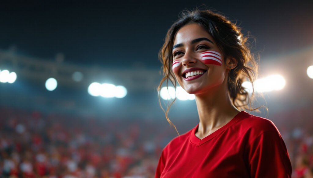Supportrice égyptienne en maillot rouge dans un stade, Coupe du Monde 2026