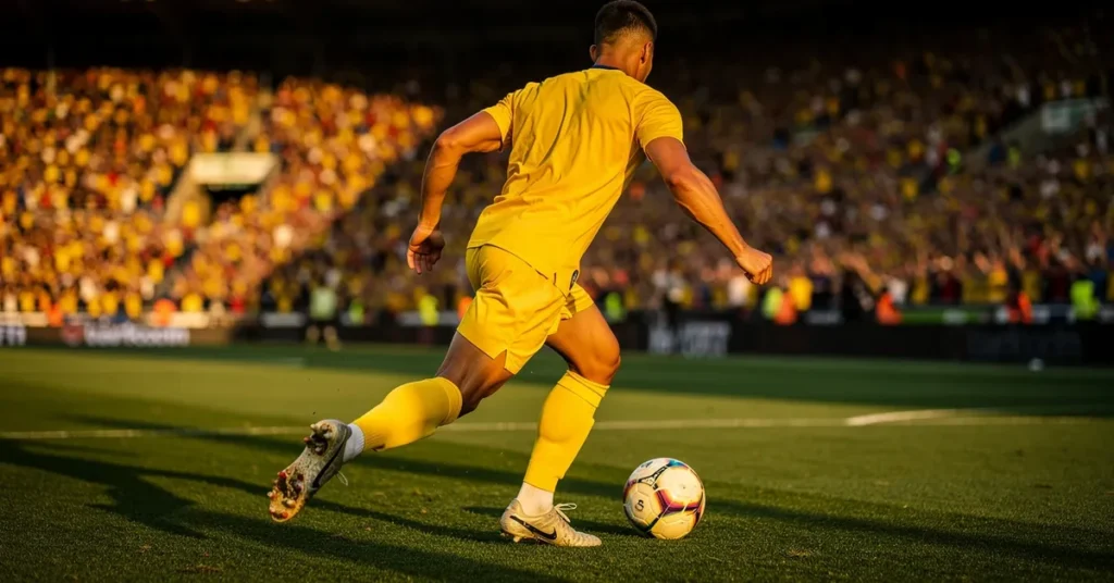 Jeune buteur de football en maillot jaune vu de dos, Coupe du Monde 2026