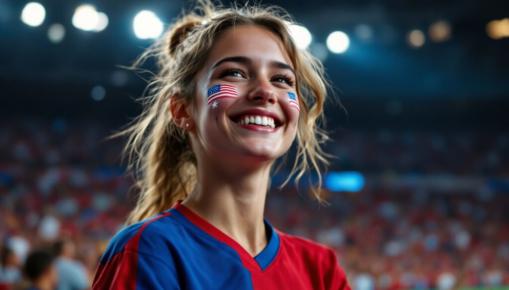Supportrice des États-Unis aux couleurs du drapeau dans un stade pour la Coupe du Monde 2026