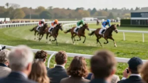 Tableau des cotes en direct sur un hippodrome PMU, foule de parieurs avant le départ de la course