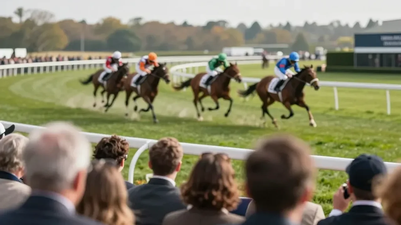 Tableau des cotes en direct sur un hippodrome PMU, foule de parieurs avant le départ de la course