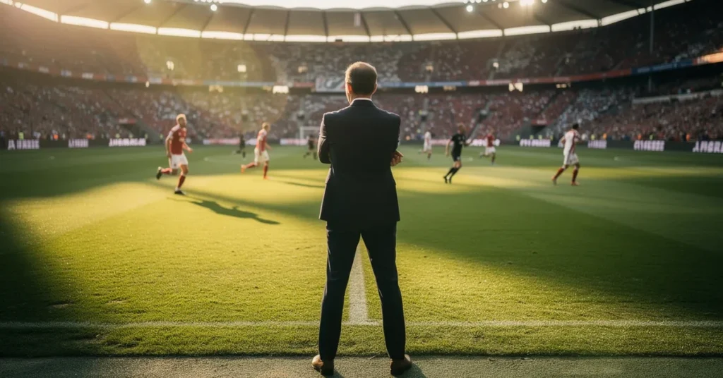 Sélectionneur de football de dos bras croisés sur la touche, ambiance Coupe du Monde 2026
