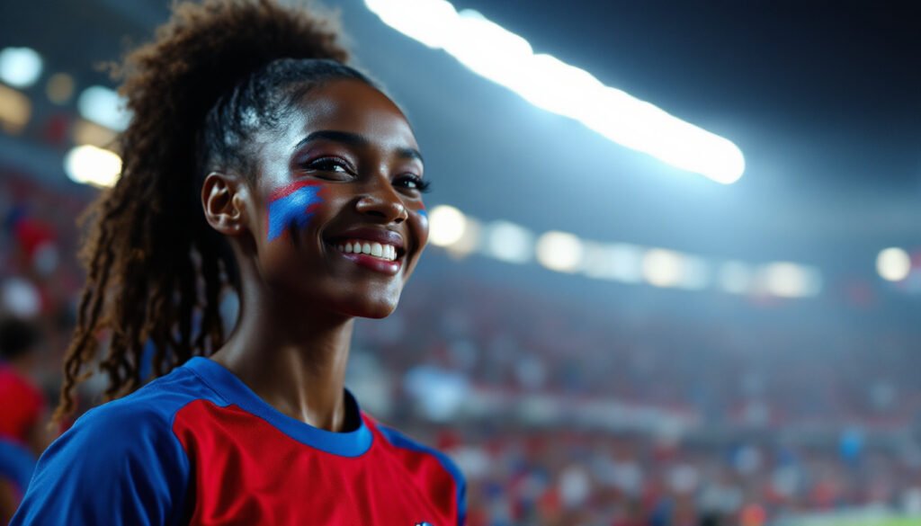 Supportrice haïtienne en maillot bleu et rouge dans un stade, Coupe du Monde 2026