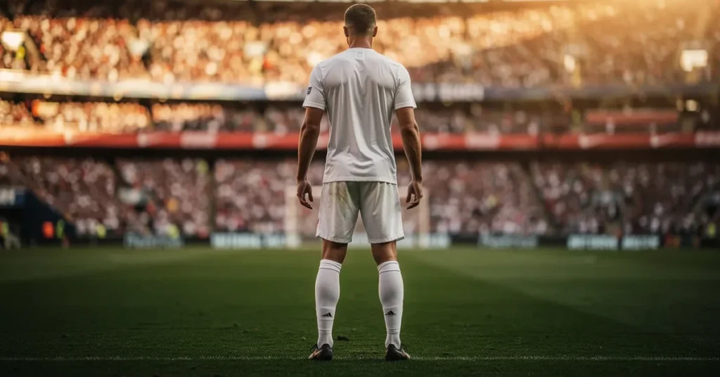 Buteur de football en maillot blanc vu de dos, Coupe du Monde 2026