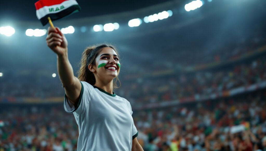 Supportrice irakienne en maillot blanc dans un stade, Coupe du Monde 2026