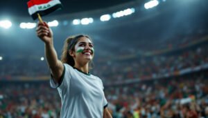 Supportrice irakienne en maillot blanc dans un stade, Coupe du Monde 2026