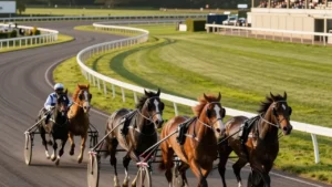 Chevaux de trot attelé en course sur la piste de mile de l'hippodrome international de La Capelle dans l'Aisne