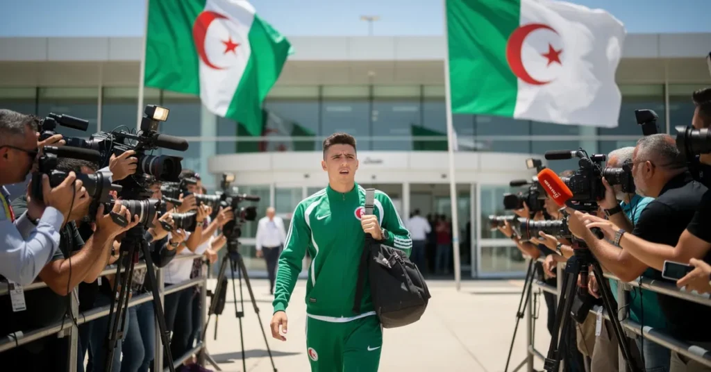 Joueur algérien à l'aéroport Houari Boumediene entouré de journalistes et caméras à l'approche du Mondial 2026