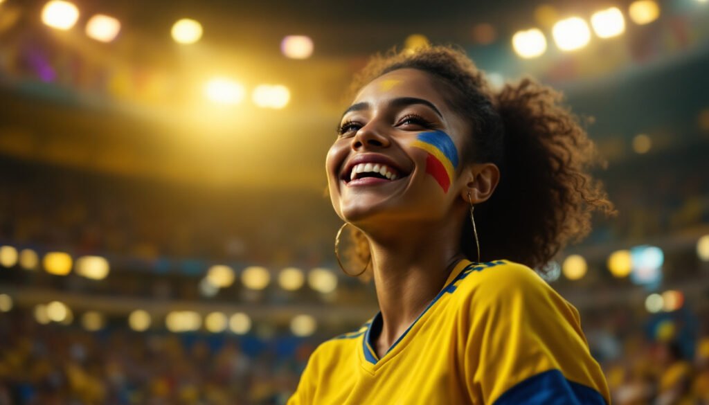 Supportrice colombienne en maillot jaune célébrant la liste de la Colombie pour la Coupe du Monde 2026