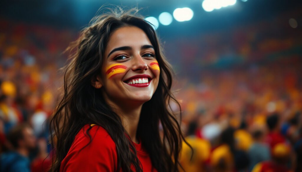 Supportrice de l'Espagne aux couleurs rouge et jaune dans un stade pour la Coupe du Monde 2026