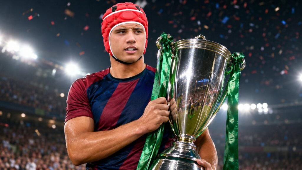 Louis Bielle-Biarrey, ailier de l'UBB, avec son casque rouge et le trophée