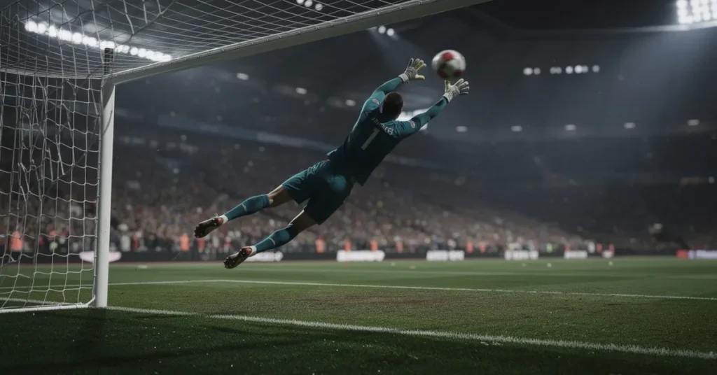 Gardien de but de football en maillot foncé captant le ballon, Coupe du Monde 2026