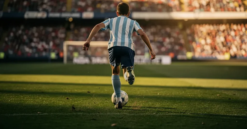 Jeune ailier de football en maillot bleu ciel et blanc vu de dos, Coupe du Monde 2026