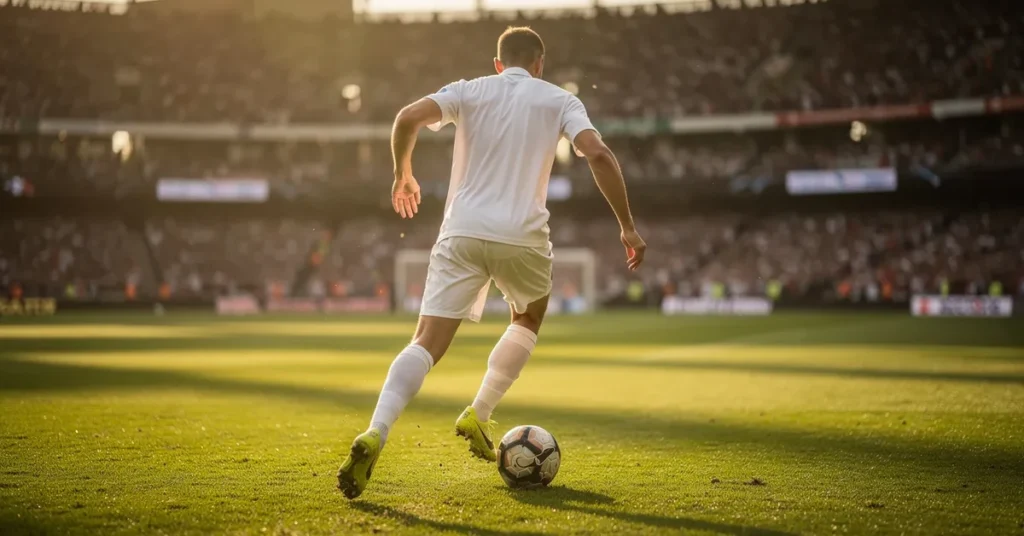 Footballeur en maillot blanc vu de dos courant balle au pied, ambiance Coupe du Monde 2026