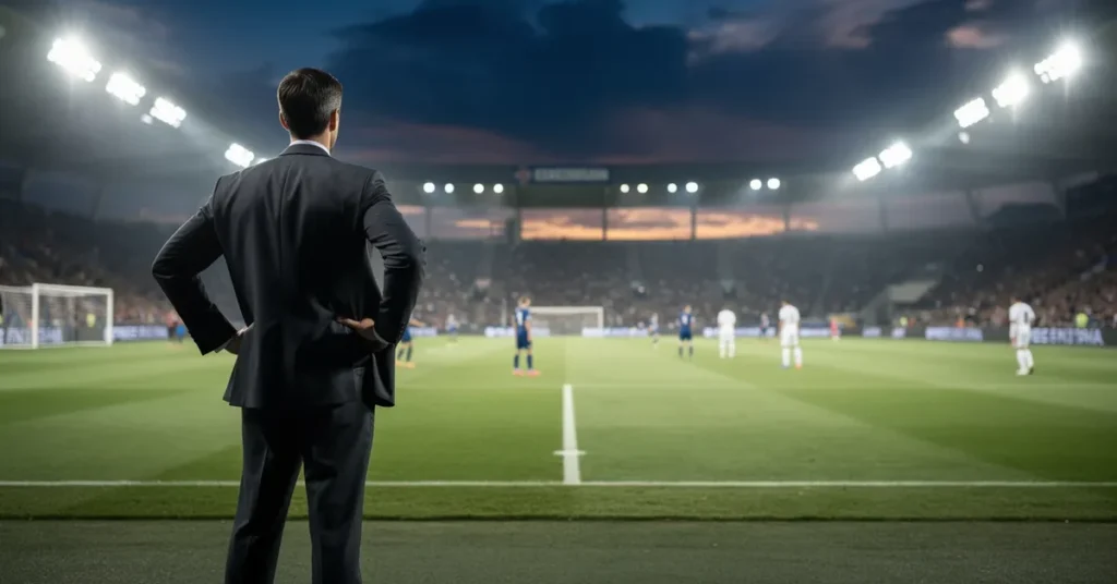 Sélectionneur de football de dos mains sur les hanches, ambiance Coupe du Monde 2026 en nocturne