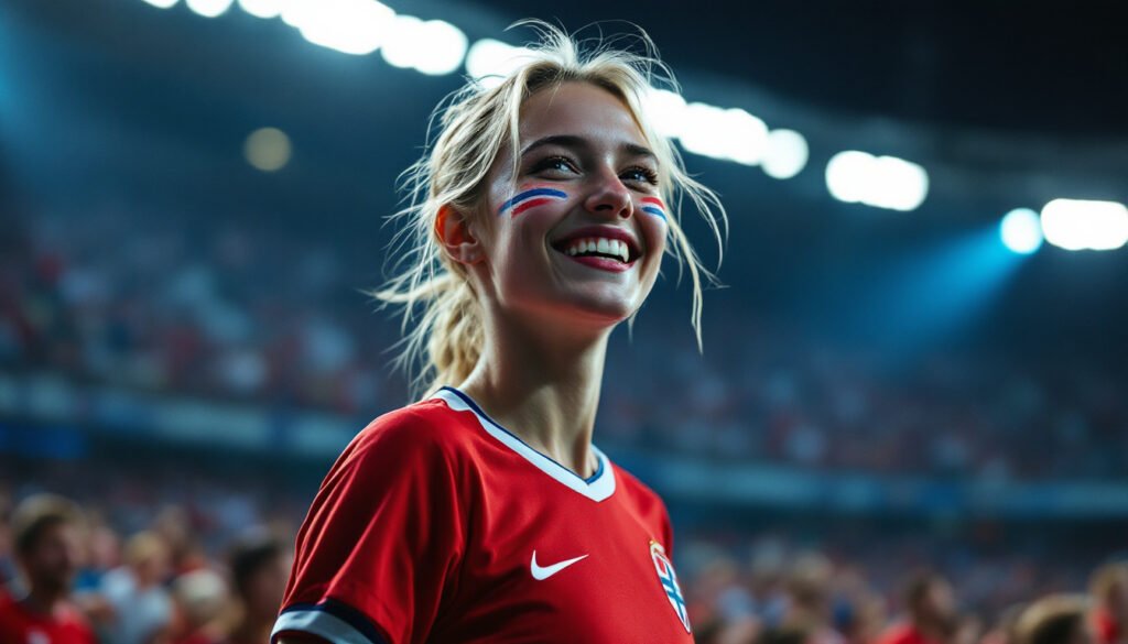 Supportrice norvégienne en maillot rouge dans un stade, Coupe du Monde 2026