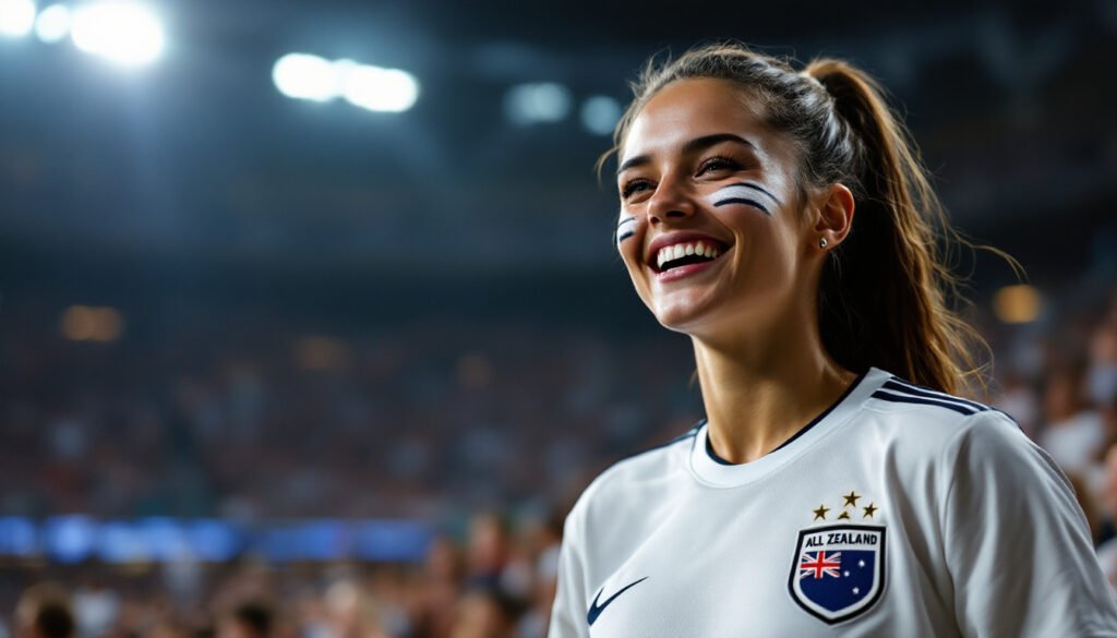 Supportrice néo-zélandaise en maillot blanc dans un stade, Coupe du Monde 2026